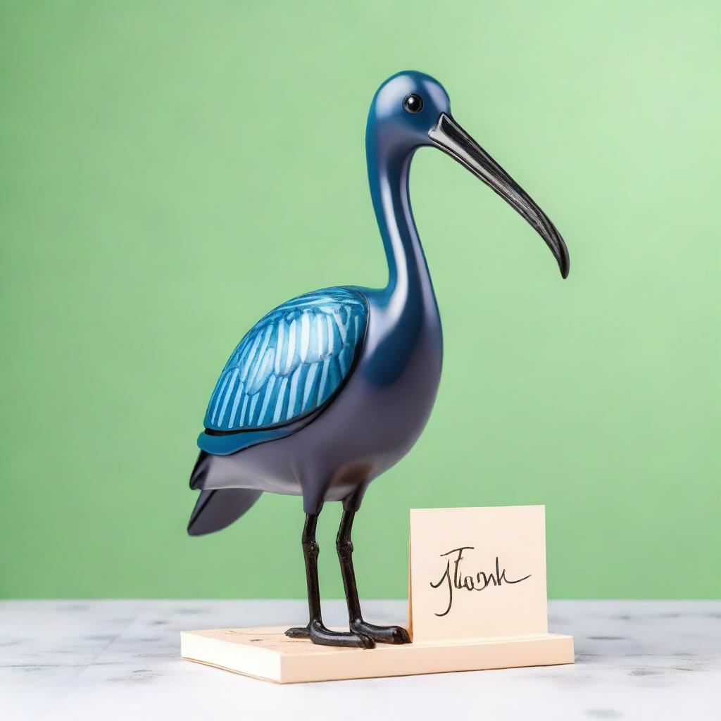 A glossy ibis with expressive eyes and detailed feathers, holding a standee with the words 'thank you' written on it in a friendly, charmingly stylish script