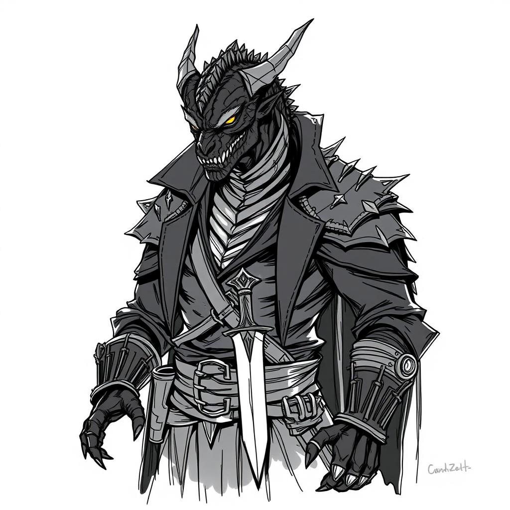 A sketch illustration of Vrax, the Regional leader of the Flaming Knives, a fearsome criminal organization in the Dungeons & Dragons universe