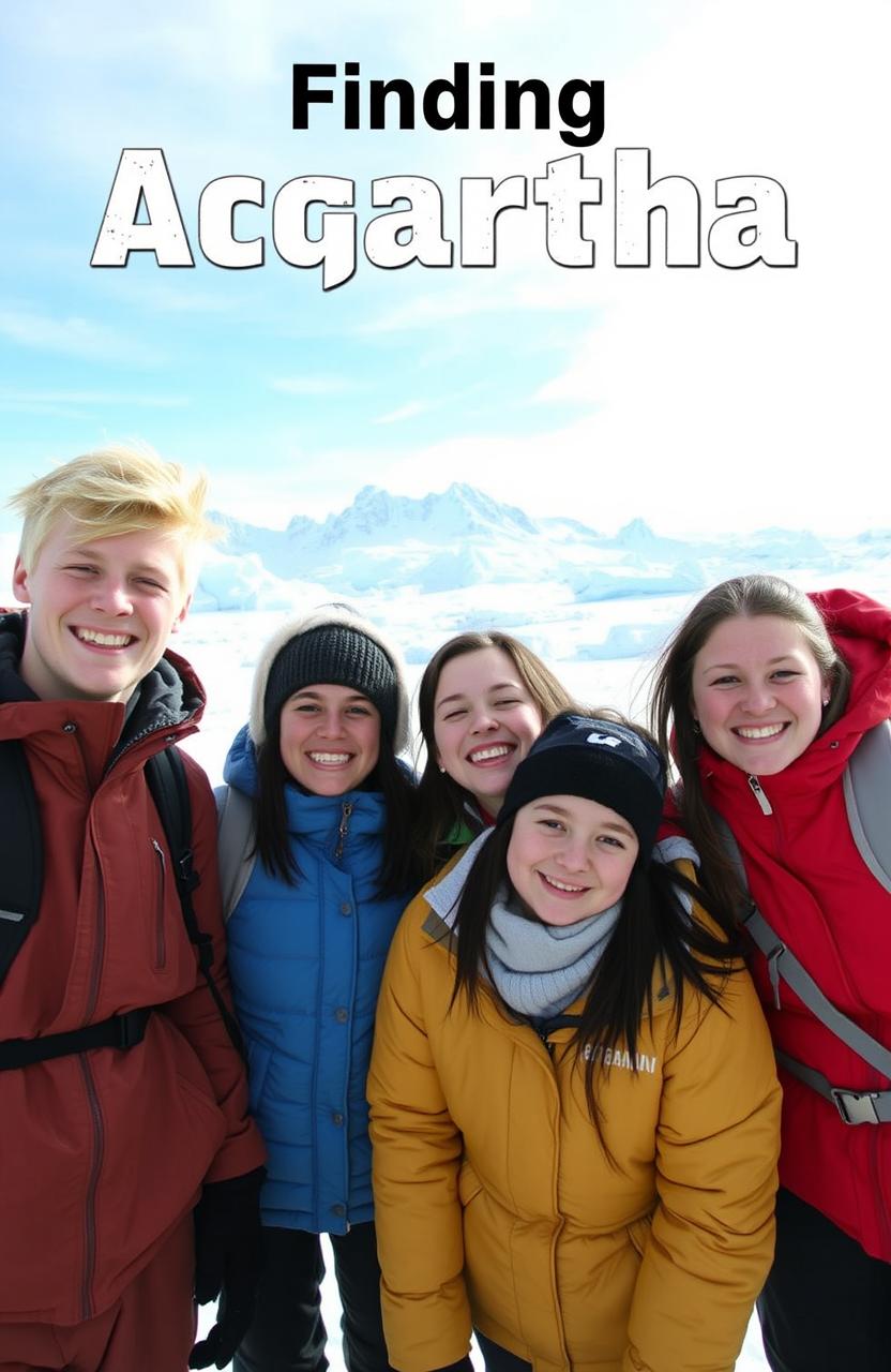 Four teenage best friends exploring Antarctica, with snowy landscapes and icy mountains in the background