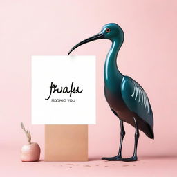 A glossy ibis with expressive eyes and detailed feathers, holding a standee with the words 'thank you' written on it in a friendly, charmingly stylish script