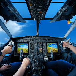 A digital avatar of a user flying an airplane, focusing on the cockpit with plethora of controls, against the backdrop of a bright blue sky.