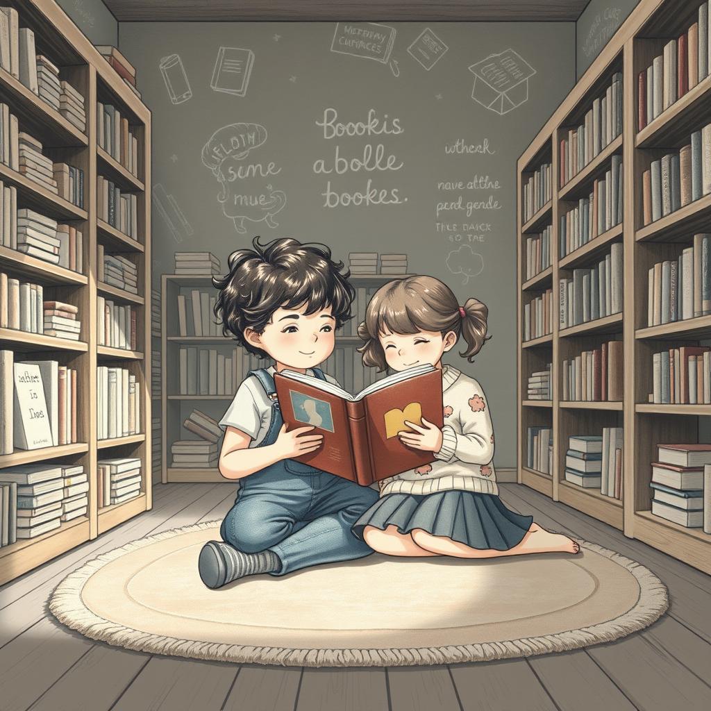 A charming and nostalgic scene set in a cozy bookstore illustrated in a chalk pastel style