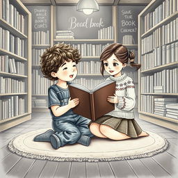 A charming and nostalgic scene set in a cozy bookstore illustrated in a chalk pastel style