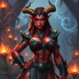 A powerful and attractive female tiefling, aged 30, with striking red skin and a robust, muscular body