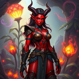 A powerful and attractive female tiefling, aged 30, with striking red skin and a robust, muscular body