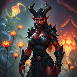 A powerful and attractive female tiefling, aged 30, with striking red skin and a robust, muscular body