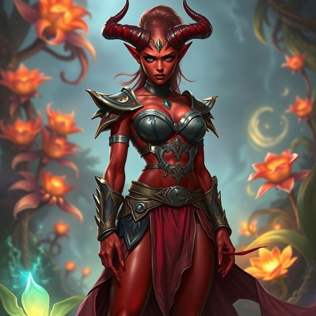 A powerful and attractive female tiefling, aged 30, with striking red skin and a robust, muscular body