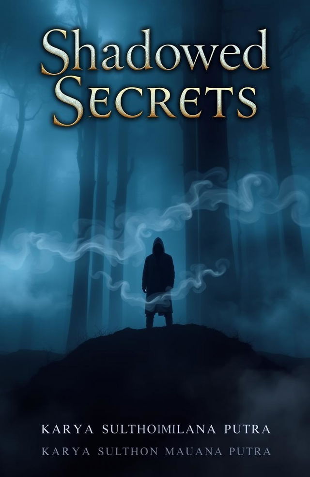 A captivating novel cover for "Shadowed Secrets" that features a mysterious figure standing at the edge of a foggy forest with shadows subtly lurking in the background