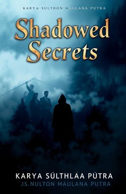 A captivating novel cover for "Shadowed Secrets" that features a mysterious figure standing at the edge of a foggy forest with shadows subtly lurking in the background
