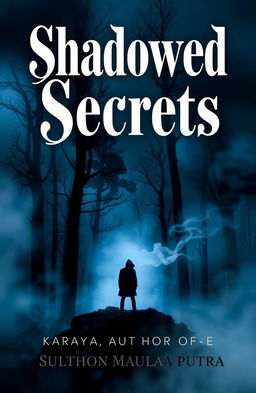 A captivating novel cover for "Shadowed Secrets" that features a mysterious figure standing at the edge of a foggy forest with shadows subtly lurking in the background