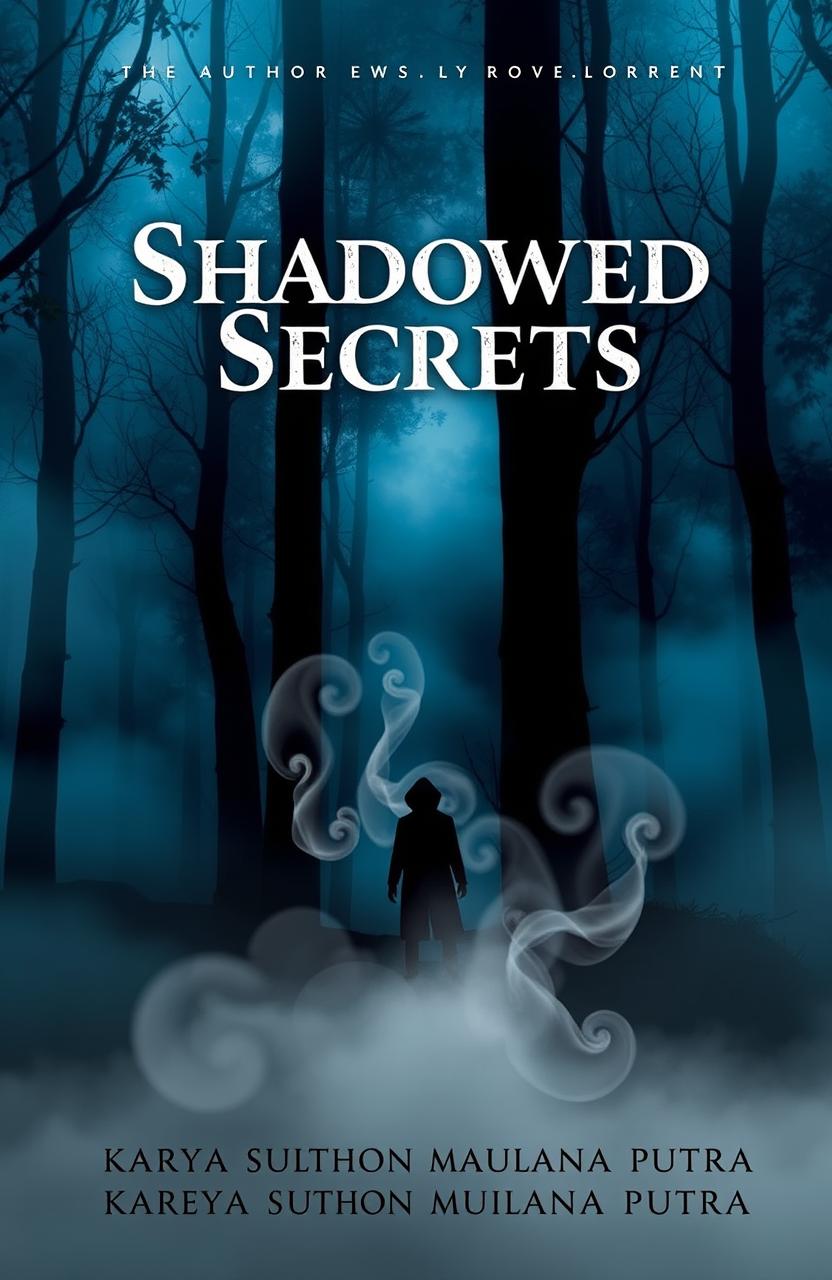 A captivating novel cover for "Shadowed Secrets" that features a mysterious figure standing at the edge of a foggy forest with shadows subtly lurking in the background