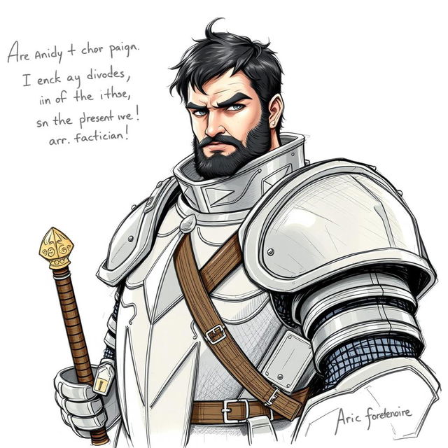 A sketch illustration of Aric Fortenoire, a portly human knight with short black hair and gray eyes that reflect his wisdom