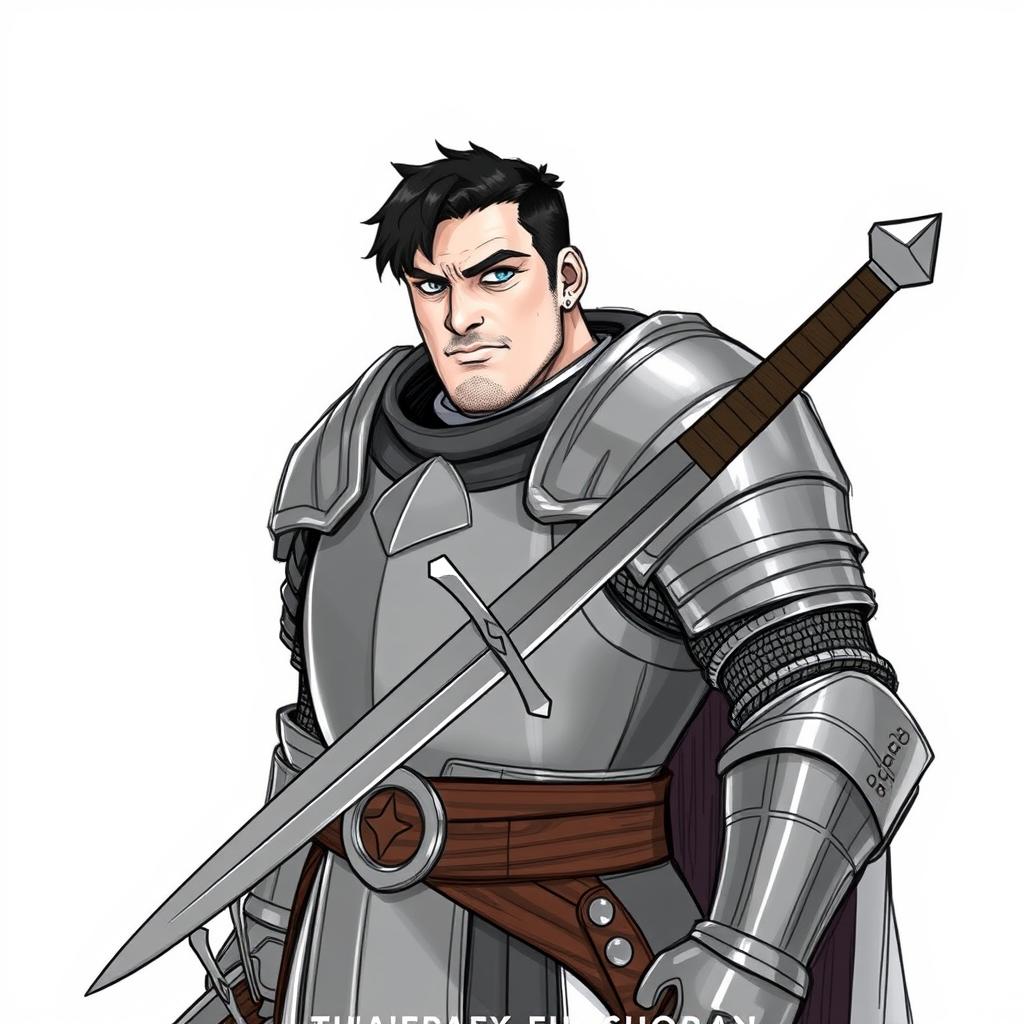 A sketch illustration of Aric Fortenoire, a portly human knight with short black hair and gray eyes that reflect his wisdom