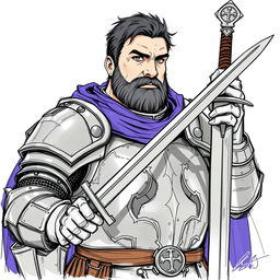 A sketch illustration of Aric Fortenoire, a portly human knight with short black hair and gray eyes that reflect his wisdom