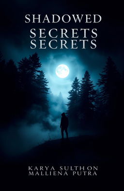 A stunning novel cover for a mysterious thriller titled "Shadowed Secrets" featuring an abstract depiction of a shadowy figure fading into the mist at night near a dense, dark forest