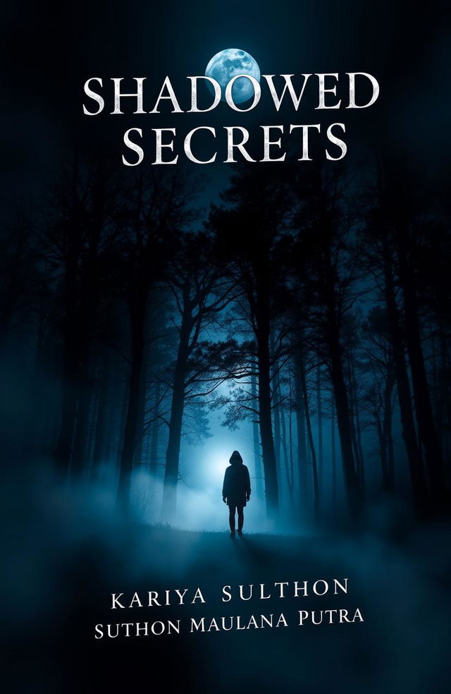 A stunning novel cover for a mysterious thriller titled "Shadowed Secrets" featuring an abstract depiction of a shadowy figure fading into the mist at night near a dense, dark forest