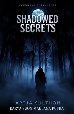 A stunning novel cover for a mysterious thriller titled "Shadowed Secrets" featuring an abstract depiction of a shadowy figure fading into the mist at night near a dense, dark forest