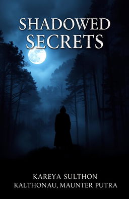 A stunning novel cover for a mysterious thriller titled "Shadowed Secrets" featuring an abstract depiction of a shadowy figure fading into the mist at night near a dense, dark forest