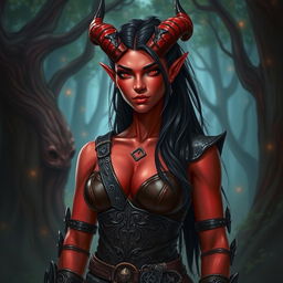 A 30-year-old female tiefling with red skin and a robust body, showcasing a square-shaped face