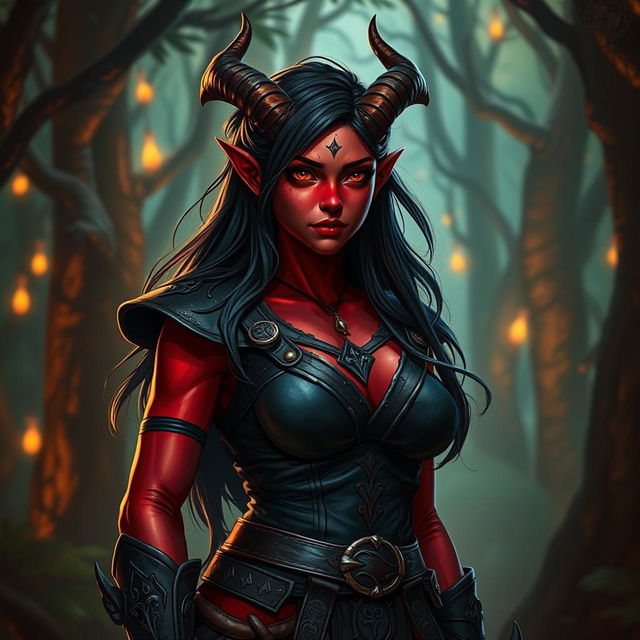 A 30-year-old female tiefling with red skin and a robust body, showcasing a square-shaped face