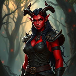 A 30-year-old female tiefling with red skin and a robust body, showcasing a square-shaped face