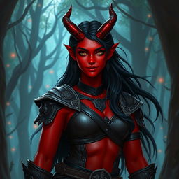 A 30-year-old female tiefling with red skin and a robust body, showcasing a square-shaped face