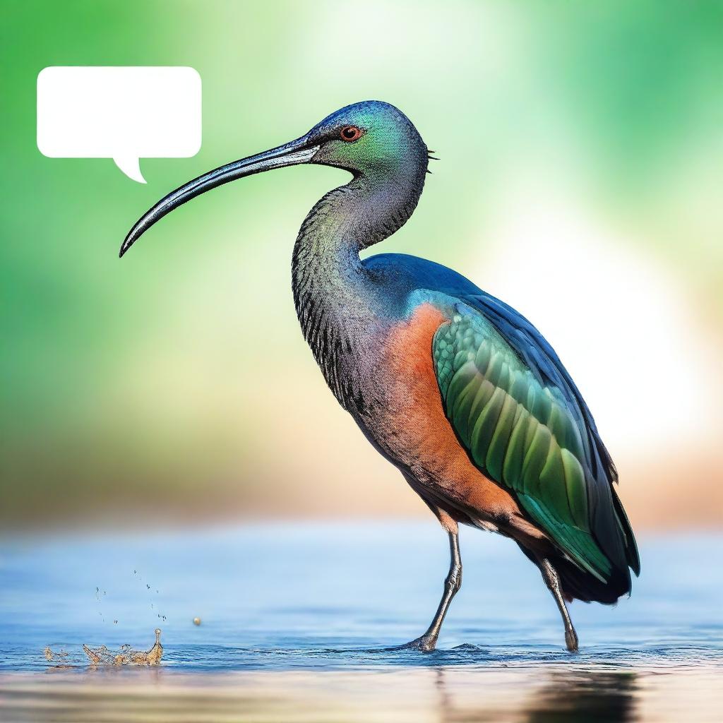 A realistic glossy ibis bird, displaying vibrant colors, caught in frozen motion, with a 'Thank You' speech bubble coming out of its beak