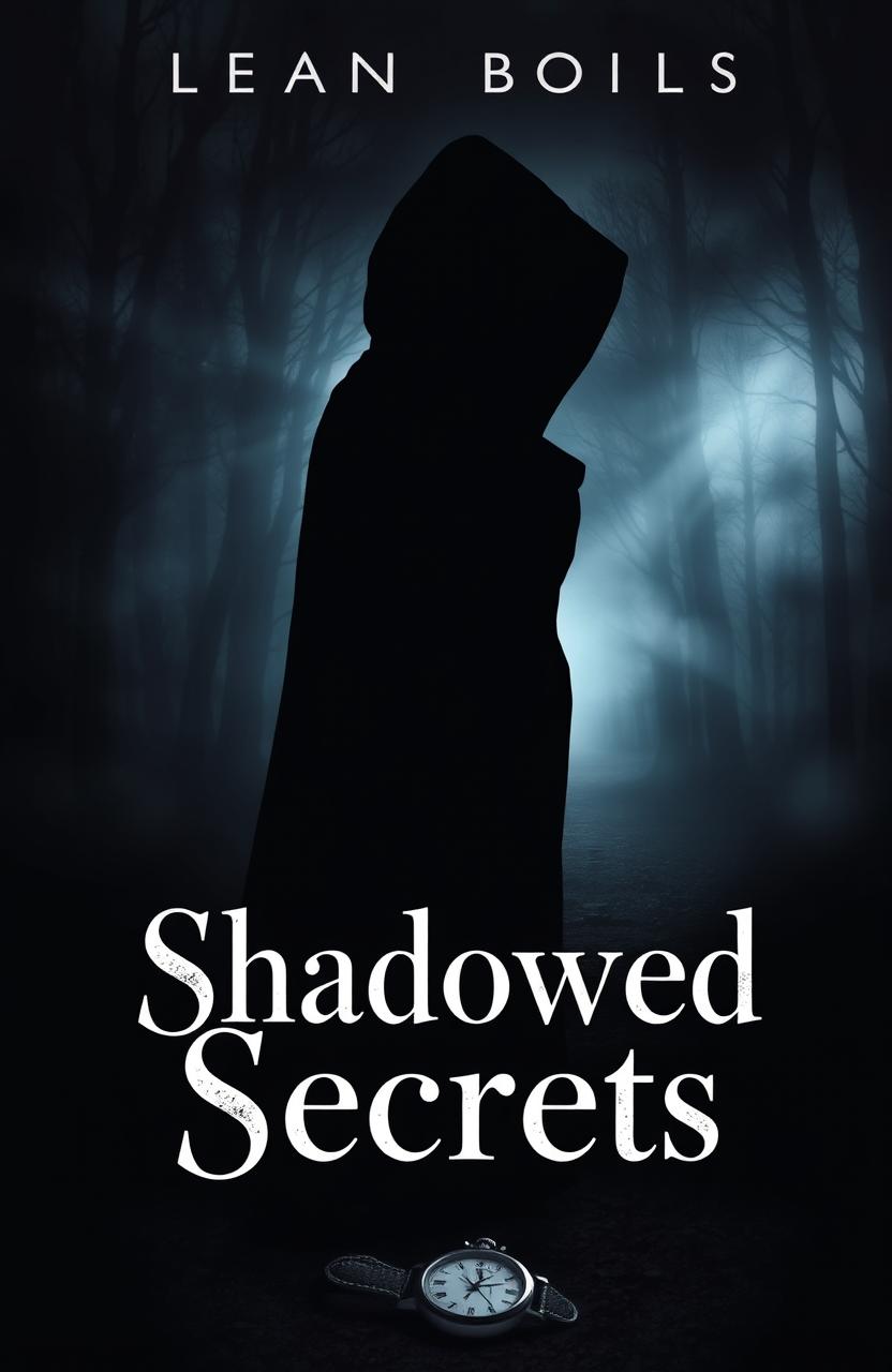 A captivating novel cover for a mystery story titled 'Shadowed Secrets', featuring an enigmatic figure partially shrouded in shadows, suggesting disappearance and intrigue