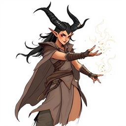 A sketch illustration of a tiefling sorceress with sun-tanned skin and striking ebony-black horns that curve beautifully from her head