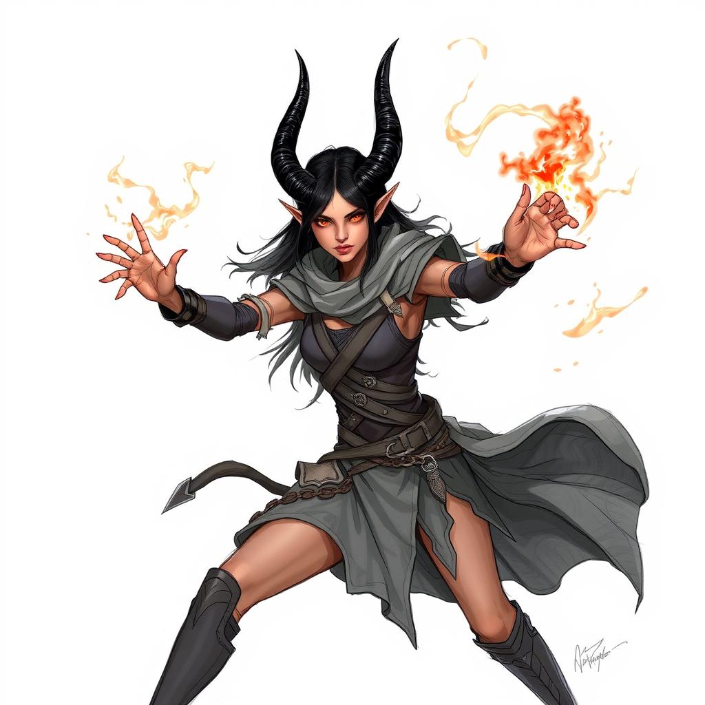 A sketch illustration of a tiefling sorceress with sun-tanned skin and striking ebony-black horns that curve beautifully from her head