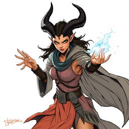 A sketch illustration of a tiefling sorceress with sun-tanned skin and striking ebony-black horns that curve beautifully from her head