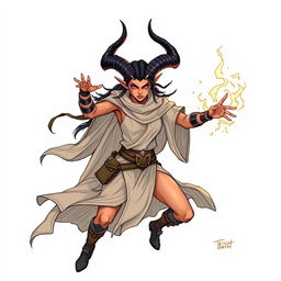 A sketch illustration of a tiefling sorceress with sun-tanned skin and striking ebony-black horns that curve beautifully from her head