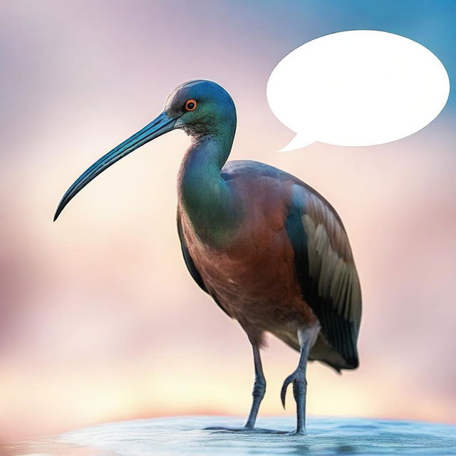 A realistic glossy ibis bird, displaying vibrant colors, caught in frozen motion, with a 'Thank You' speech bubble coming out of its beak