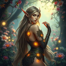 A fantasy scene featuring a beautiful and alluring fantasy elf woman in an enchanted forest, wearing intricate armor made of leaves and vines, with glowing magical runes surrounding her