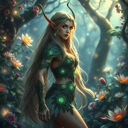 A fantasy scene featuring a beautiful and alluring fantasy elf woman in an enchanted forest, wearing intricate armor made of leaves and vines, with glowing magical runes surrounding her