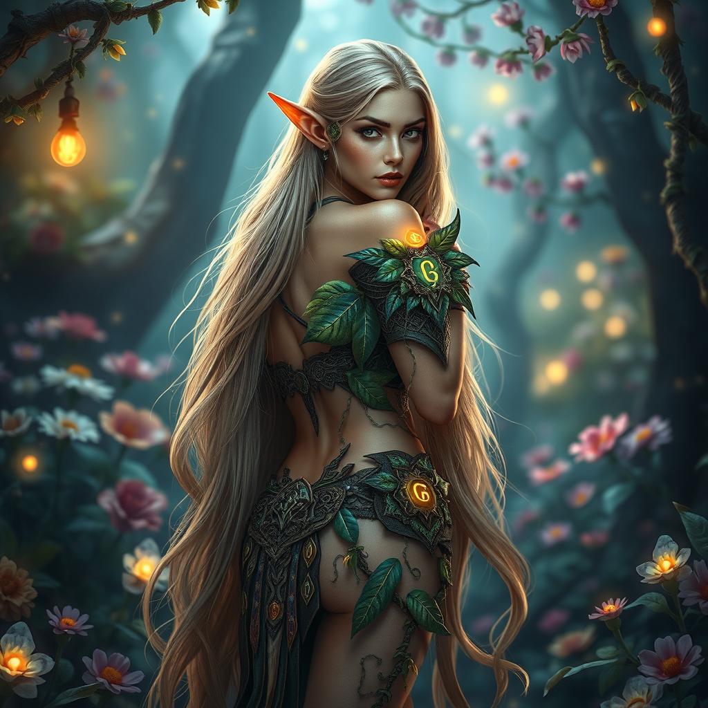 A fantasy scene featuring a beautiful and alluring fantasy elf woman in an enchanted forest, wearing intricate armor made of leaves and vines, with glowing magical runes surrounding her