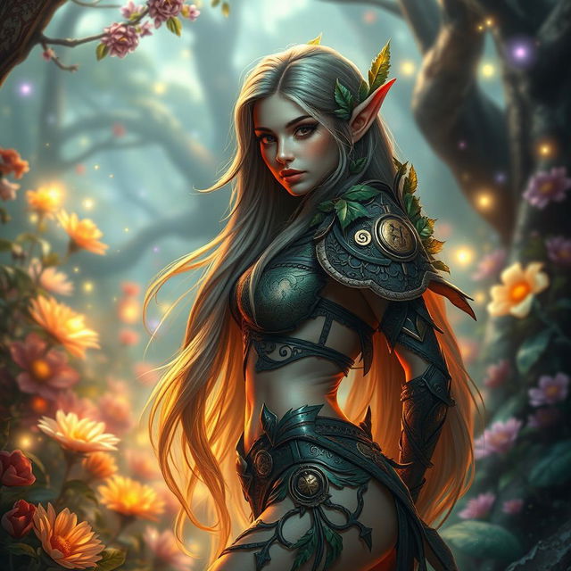 A fantasy scene featuring a beautiful and alluring fantasy elf woman in an enchanted forest, wearing intricate armor made of leaves and vines, with glowing magical runes surrounding her