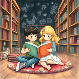 A delightful and cozy scene in a bookstore illustrated in a chalk pastel style, showcasing a boy and a blonde girl reading a large, colorful book together
