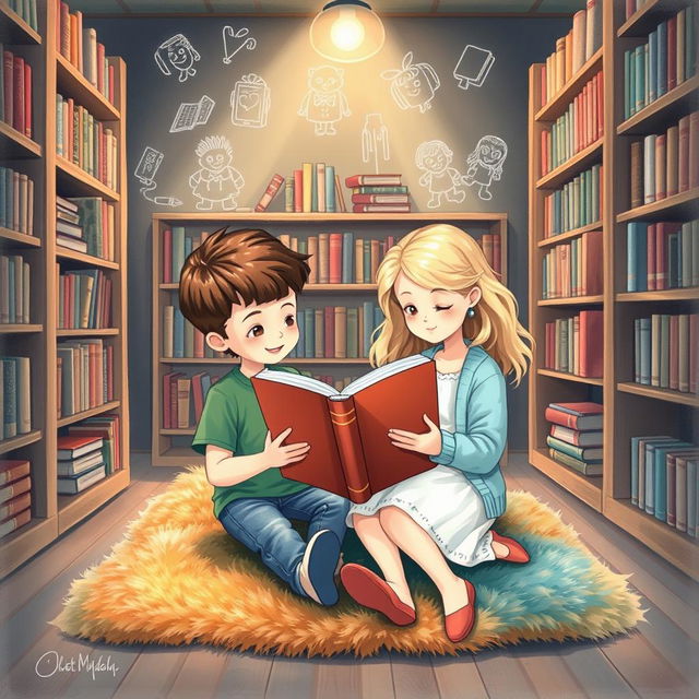 A delightful and cozy scene in a bookstore illustrated in a chalk pastel style, showcasing a boy and a blonde girl reading a large, colorful book together