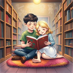 A delightful and cozy scene in a bookstore illustrated in a chalk pastel style, showcasing a boy and a blonde girl reading a large, colorful book together