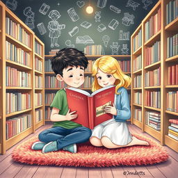 A delightful and cozy scene in a bookstore illustrated in a chalk pastel style, showcasing a boy and a blonde girl reading a large, colorful book together