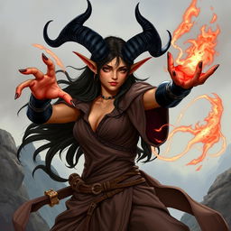 An illustration of a tiefling sorceress with sun-tanned skin and striking ebony-black horns that elegantly curve from her head