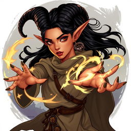 An illustration of a tiefling sorceress with sun-tanned skin and striking ebony-black horns that elegantly curve from her head