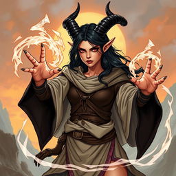 An illustration of a tiefling sorceress with sun-tanned skin and striking ebony-black horns that elegantly curve from her head