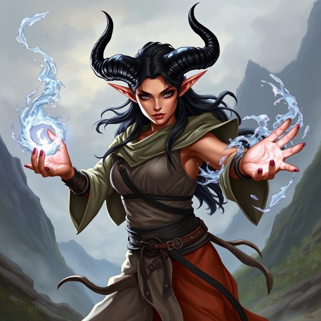 An illustration of a tiefling sorceress with sun-tanned skin and striking ebony-black horns that elegantly curve from her head