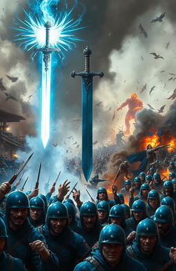 A vivid scene depicting a magic sword floating majestically above the heads of a diverse army of soldiers dressed in striking blue uniforms