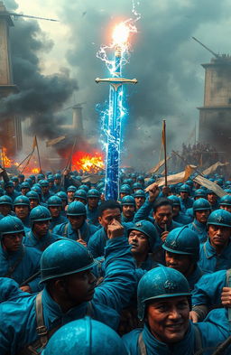 A vivid scene depicting a magic sword floating majestically above the heads of a diverse army of soldiers dressed in striking blue uniforms