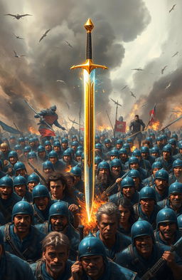 A vivid scene depicting a magic sword floating majestically above the heads of a diverse army of soldiers dressed in striking blue uniforms