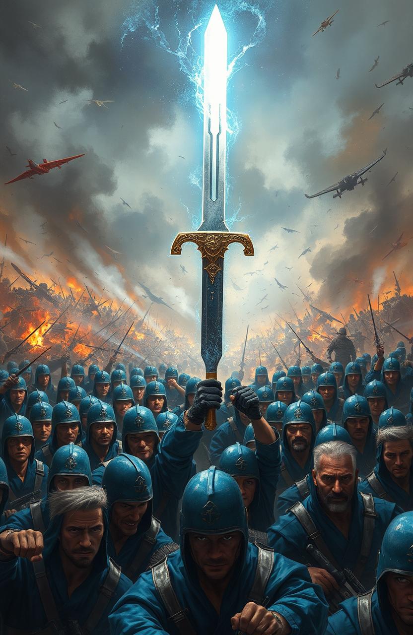 A vivid scene depicting a magic sword floating majestically above the heads of a diverse army of soldiers dressed in striking blue uniforms