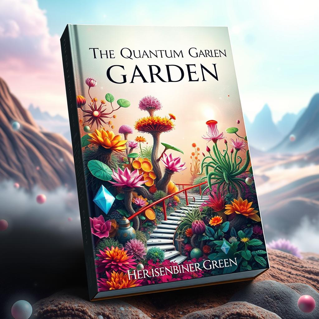 A captivating book cover for 'The Quantum Garden' by Dr